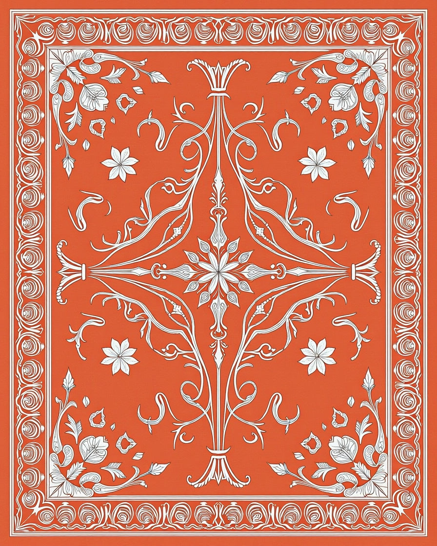 Vibrant Orange Floral Scroll Work Rug