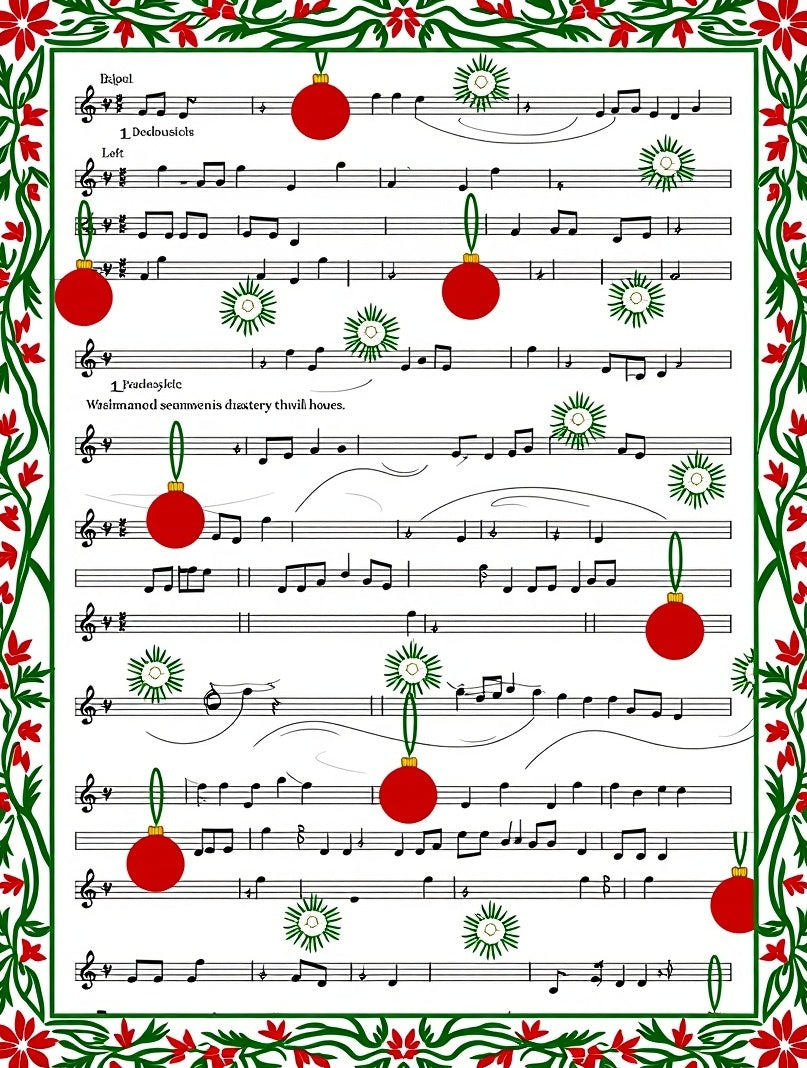 Festive Red Ornament Musical Score Rug