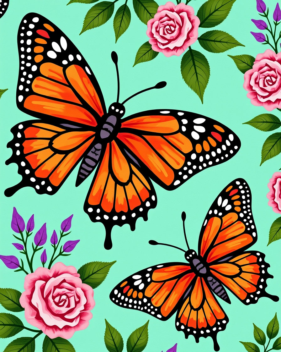 Orange Monarch Butterflies Pink Rose Garden Rug