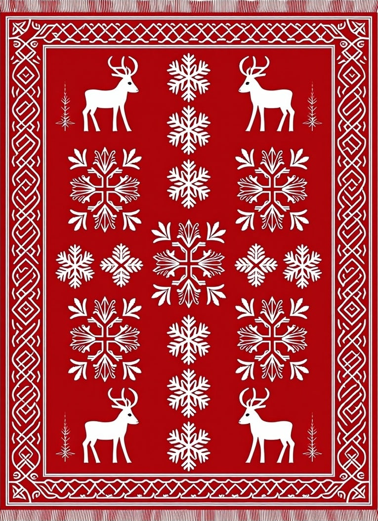 Red White Deer Snowflake Nordic Rug