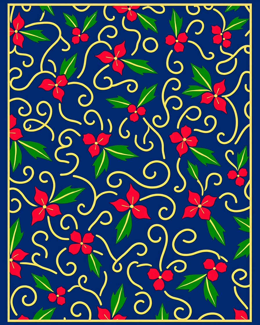 Navy Red Floral Swirl Botanical Rug