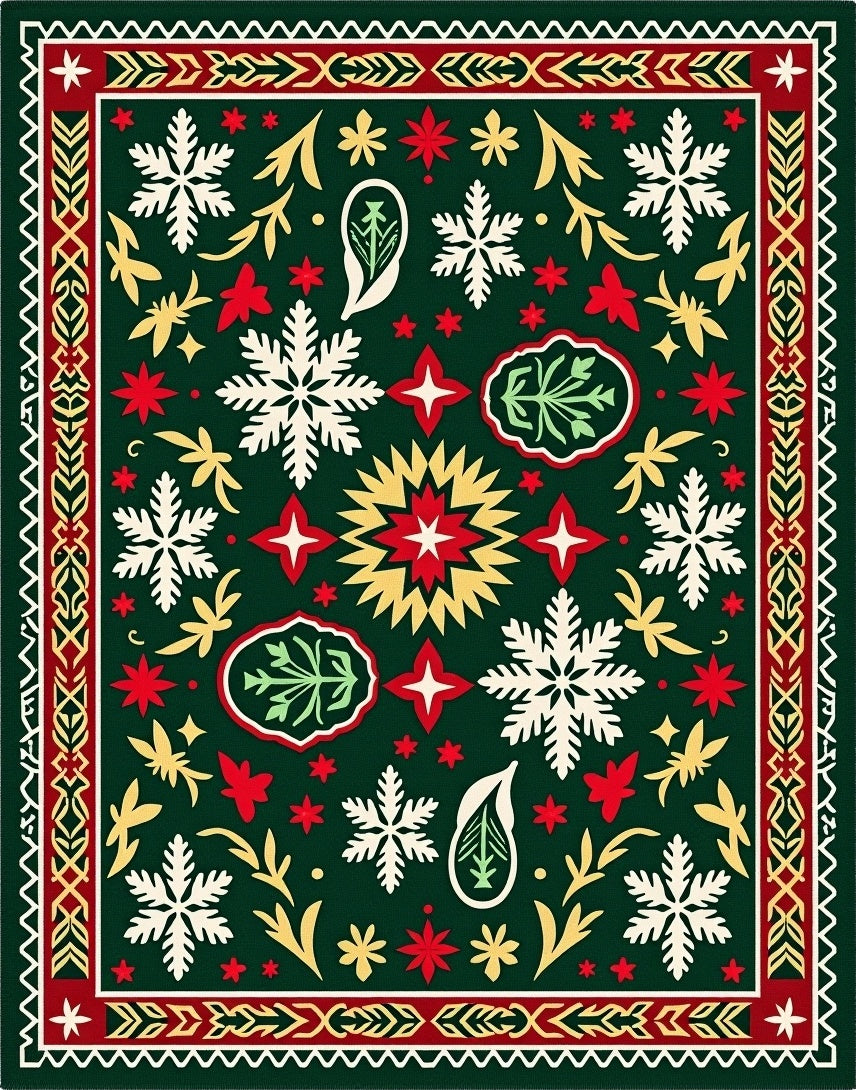 Dark Green Snowflake Festive Floral Rug