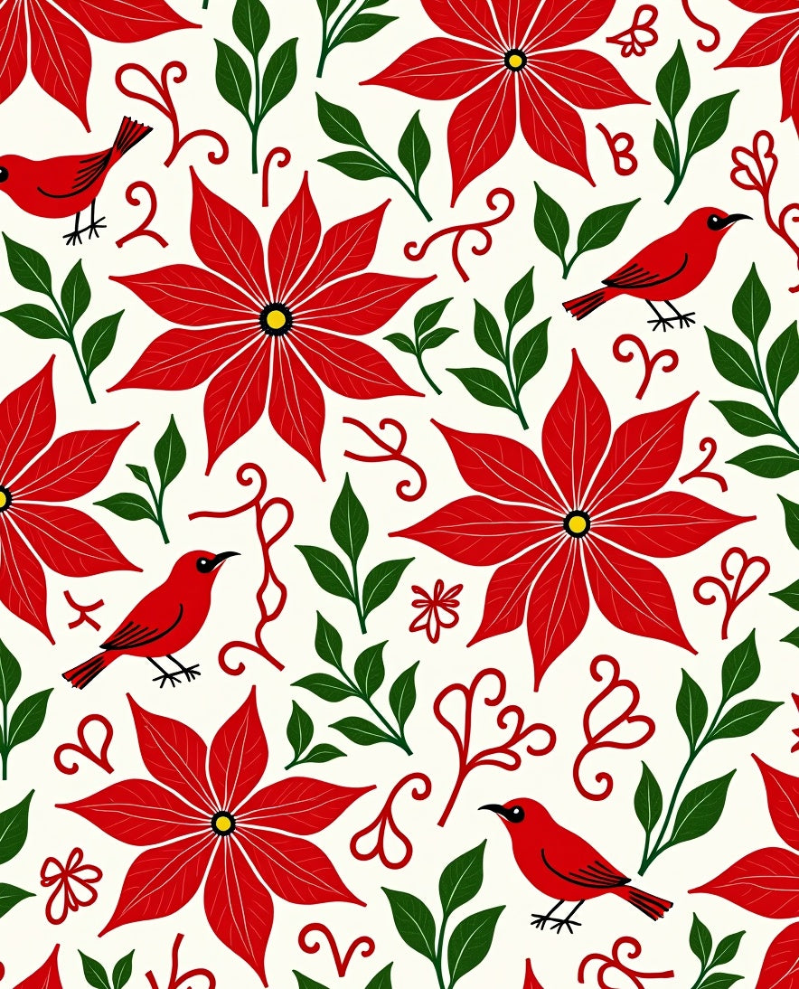 Red Poinsettia Birds Green Foliage Rug