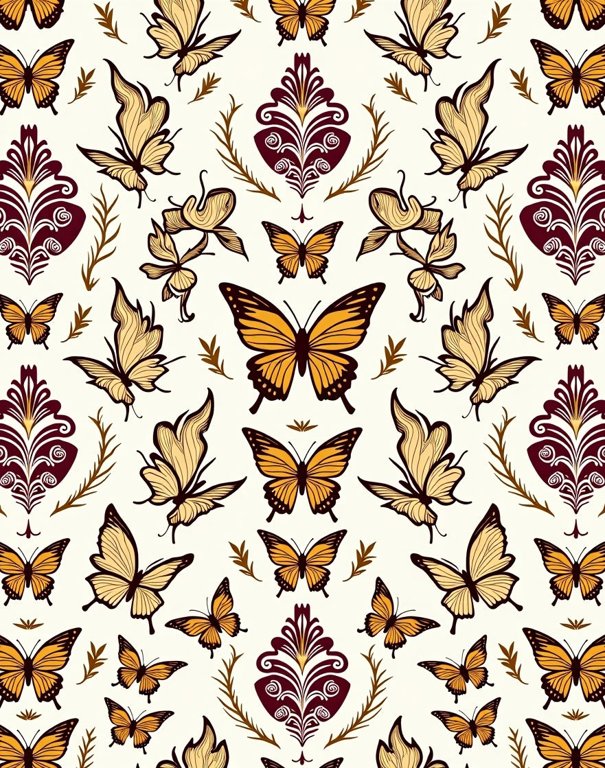 Golden Butterflies and Burgundy Damask Rug
