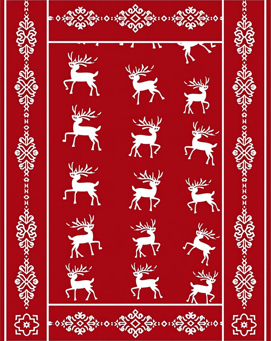 Red White Reindeer Snowflake Border Rug