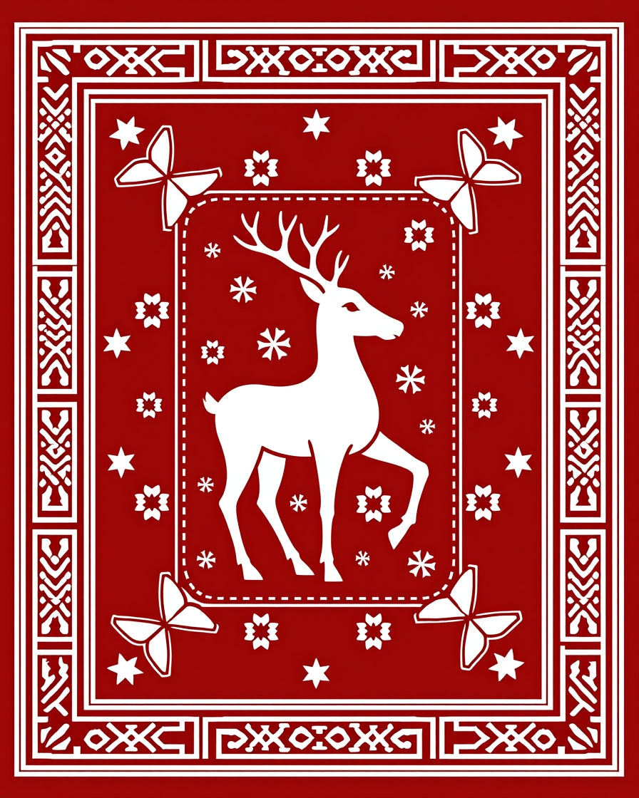 Crimson Deer Butterfly Snowflakes Tassel Border Rug