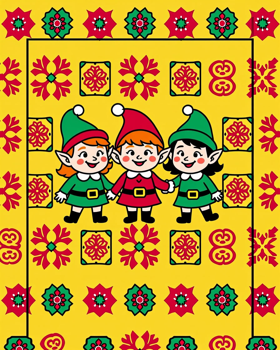 Festive Elves Red Green Yellow Border Rug