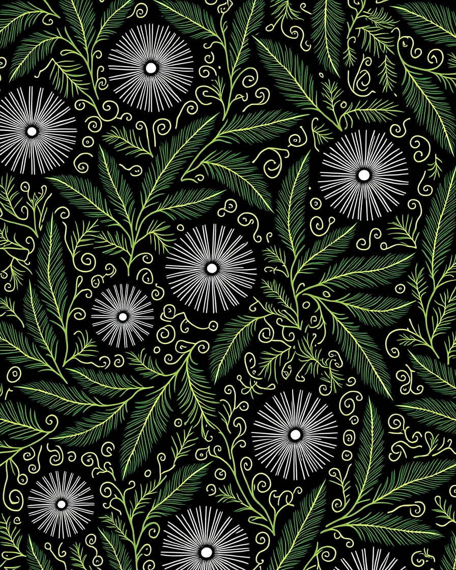 Black Green Leafy Bloom Swirl Rug