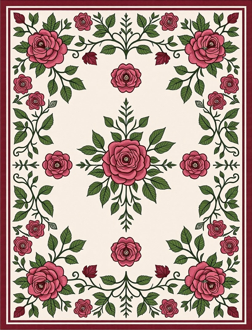 Crimson Rose Vine Border Cream Rug