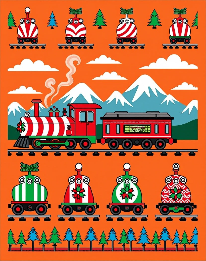 Festive Red Green Christmas Train Landscape Rug