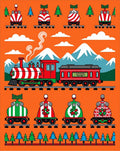 Festive Red Green Christmas Train Landscape Rug