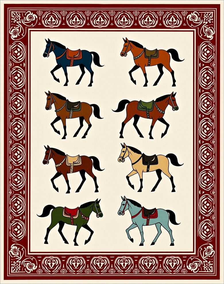 Eight Horse Panel Red Border Rug