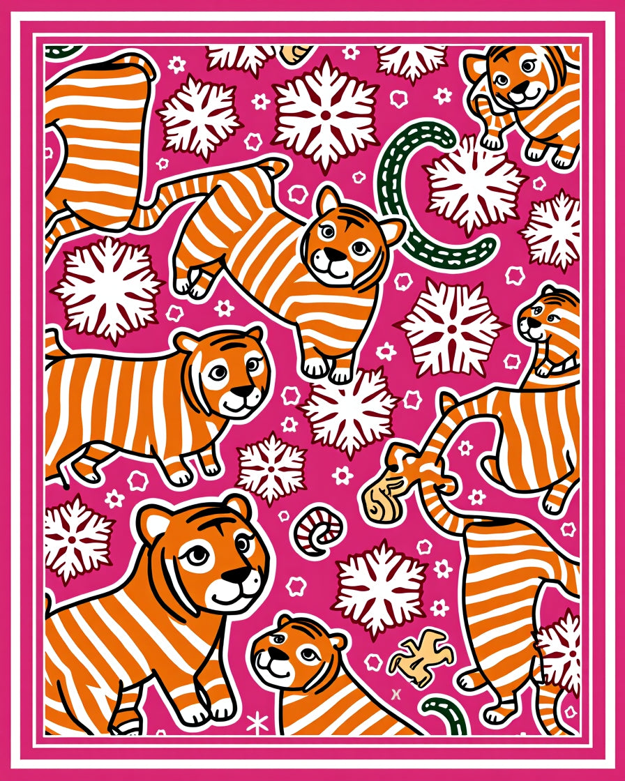 Playful Tiger Snowflake Whimsical Pink Rug