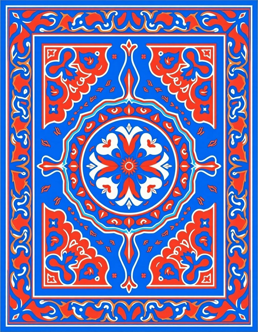 Bold Red Blue Medallion Frame Rug