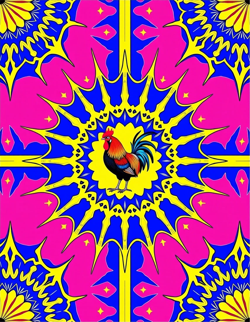 Vibrant Rooster Yellow Blue Pink Medallion Rug