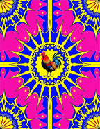 Vibrant Rooster Yellow Blue Pink Medallion Rug