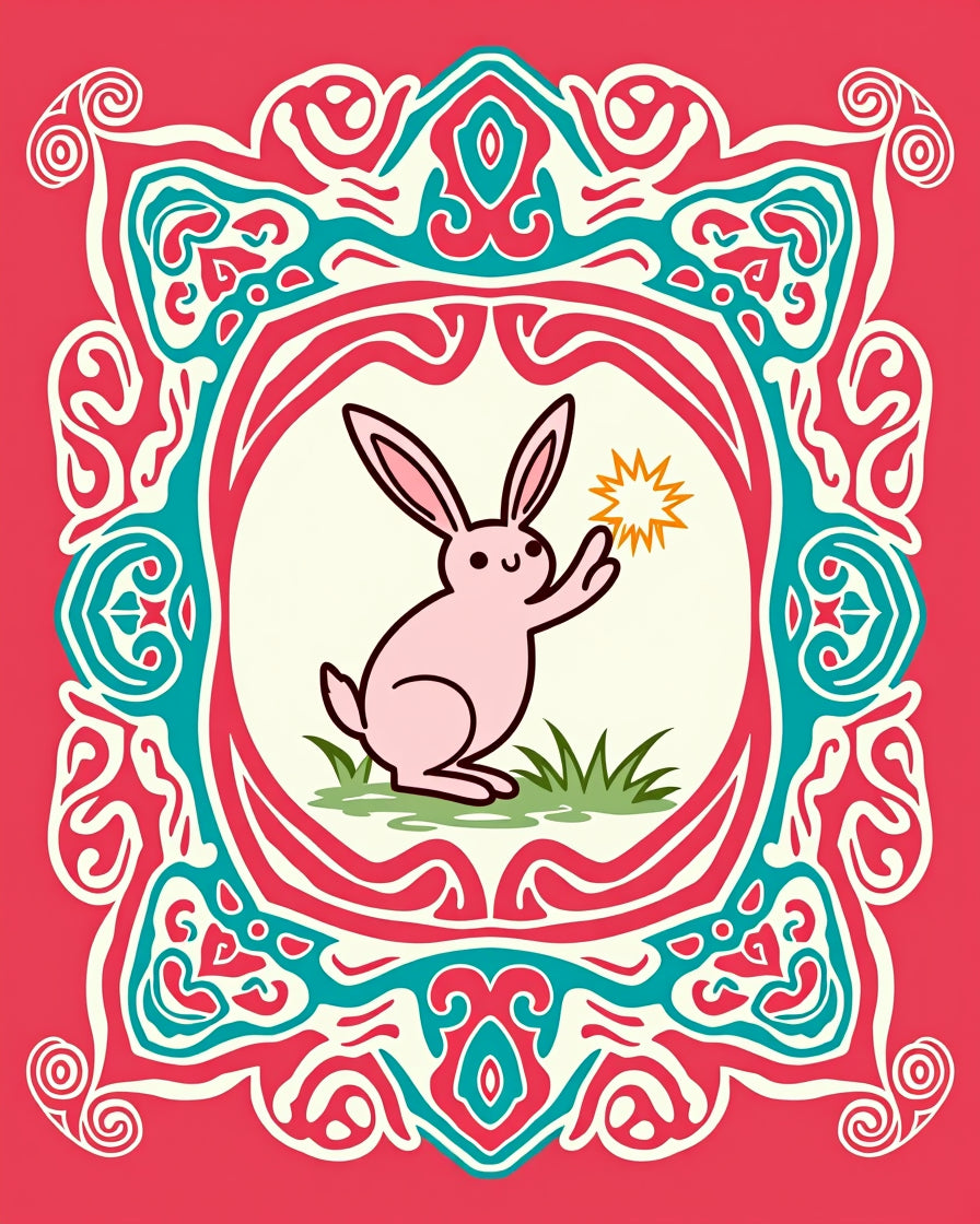 Pink Rabbit Whimsical Ornamental Frame Rug