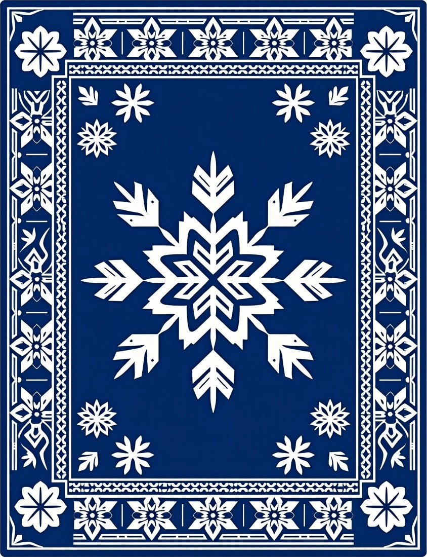 Royal Blue White Snowflake Border Rug