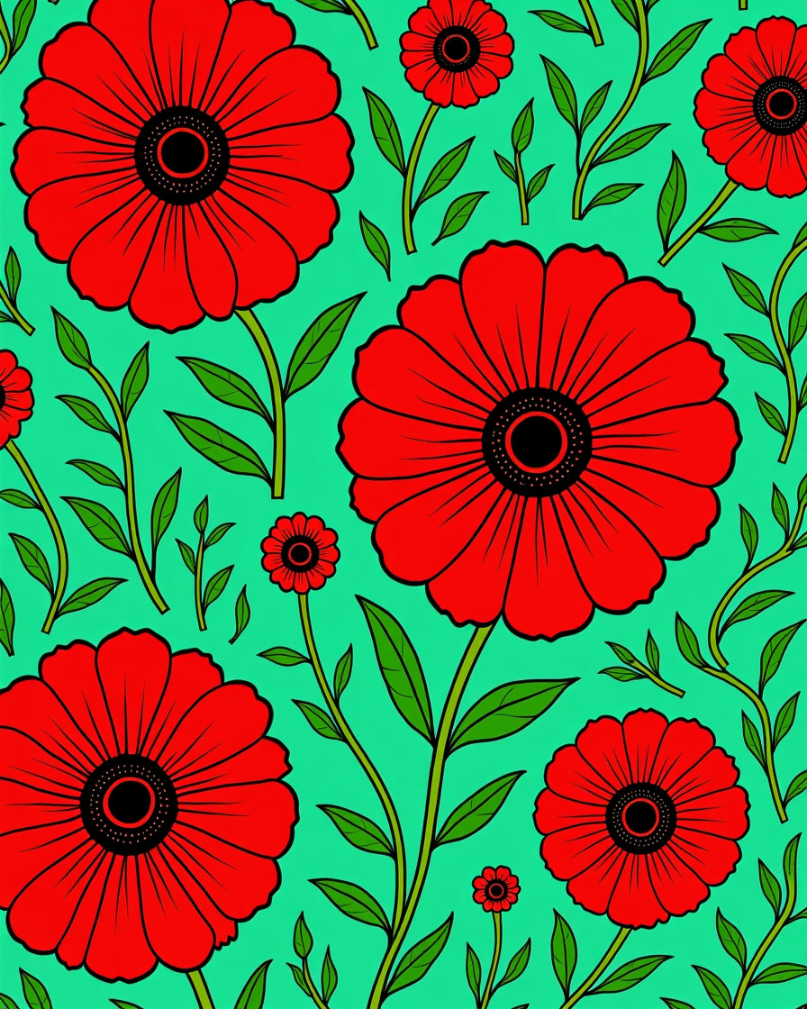 Bold Red Flower Foliage Surface Rug