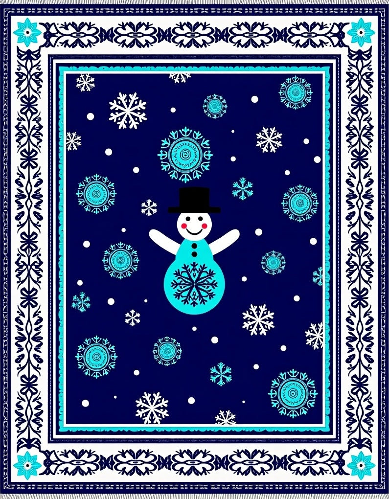 Snowman Snowflake Navy Blue Border Rug
