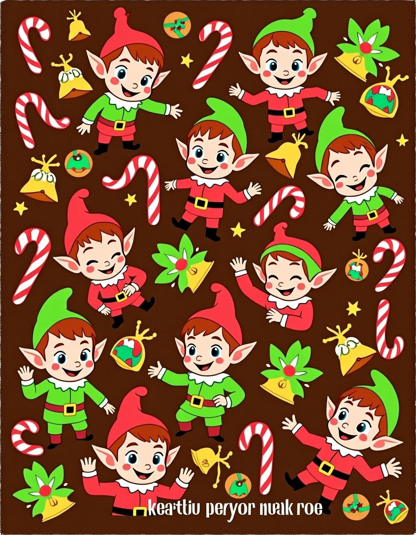 Festive Elf Candy Cane Christmas Brown Rug