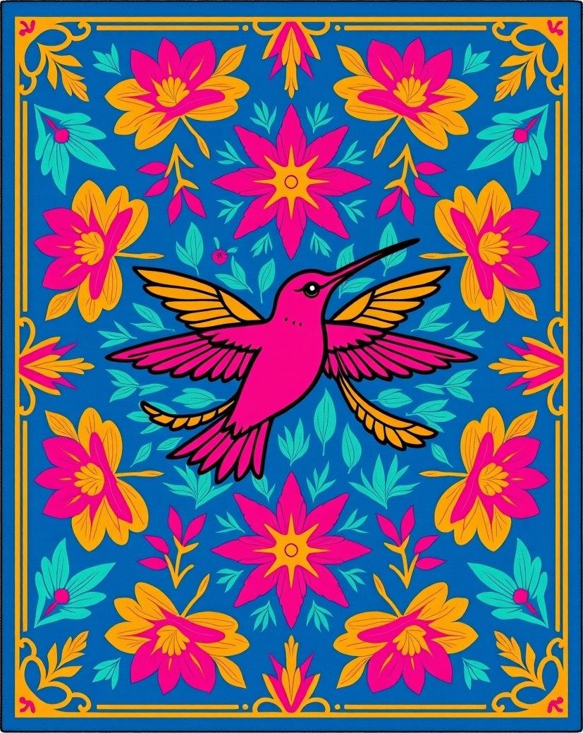 Vibrant Pink Hummingbird Floral Medallion Rug
