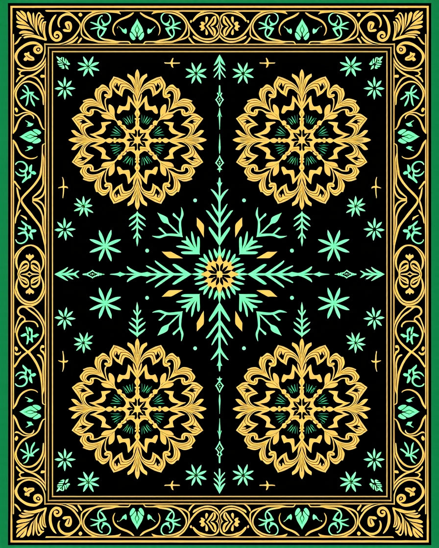 Ornate Gold Teal Black Medallion Border Rug