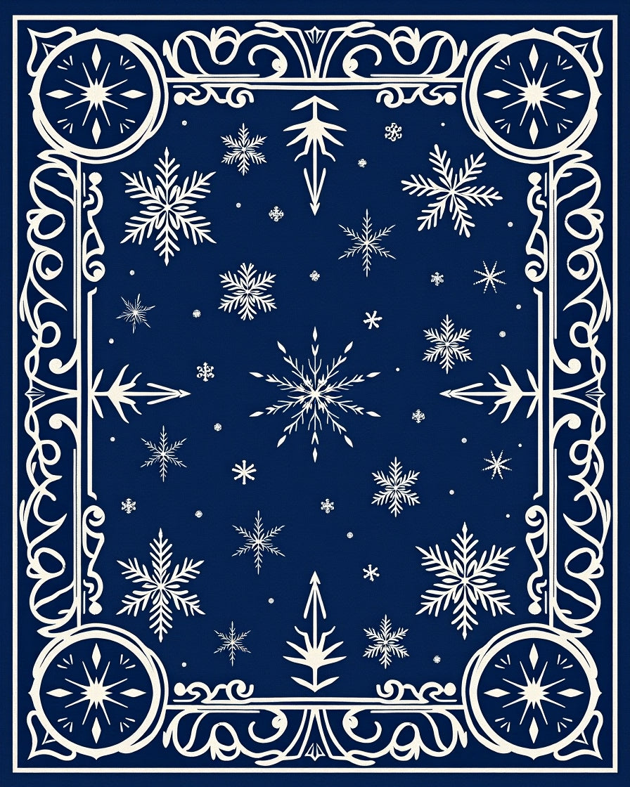 Deep Blue Snowflake Winter Scroll Rug