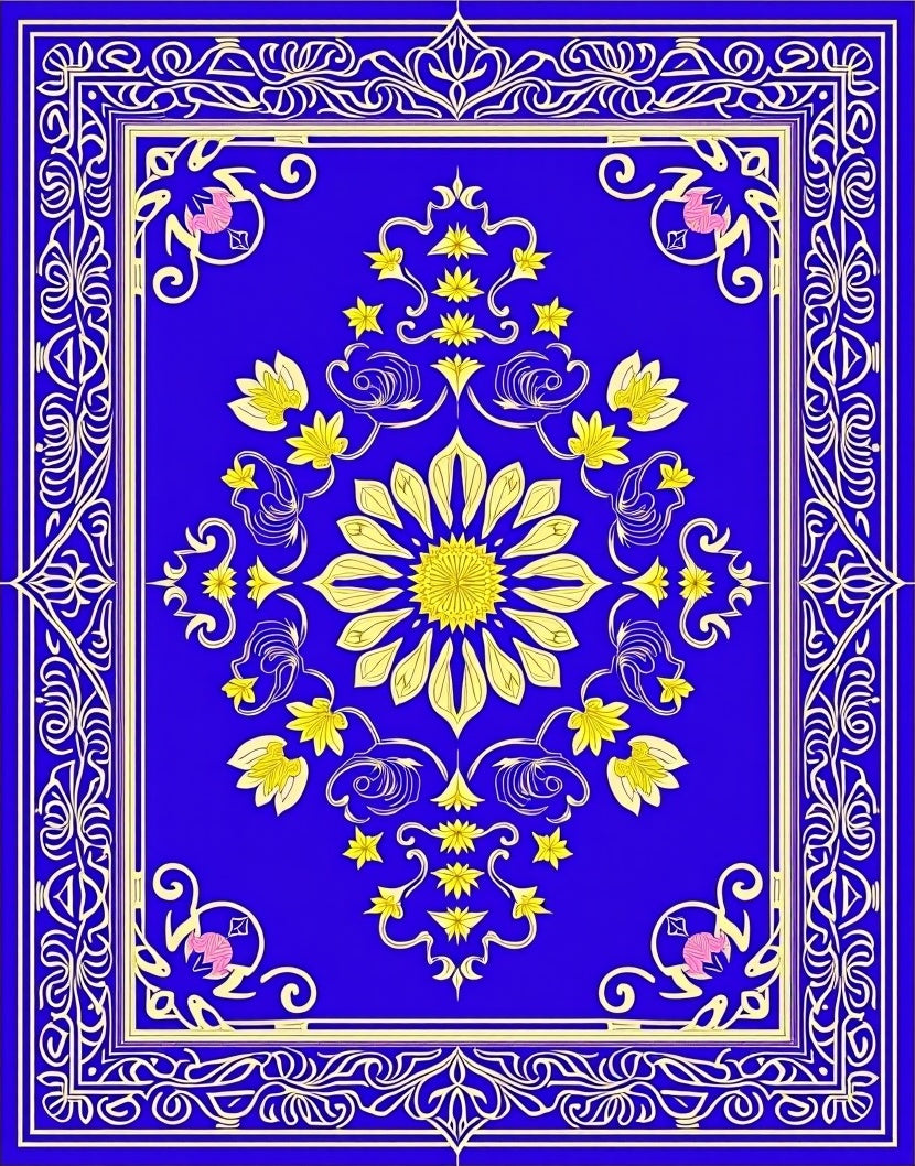 Royal Blue Yellow Floral Medallion Border Rug
