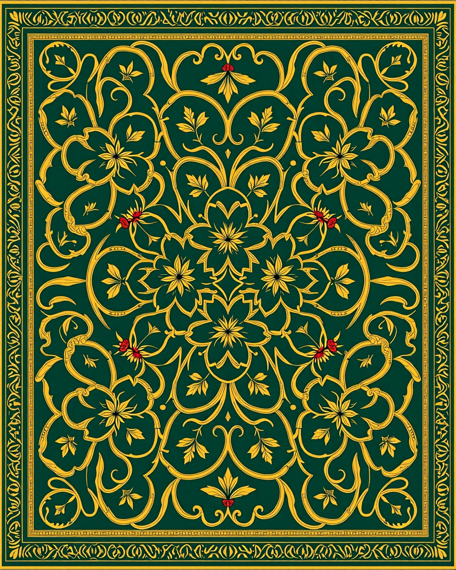 Emerald Gold Floral Scroll Medallion Swirl Rug