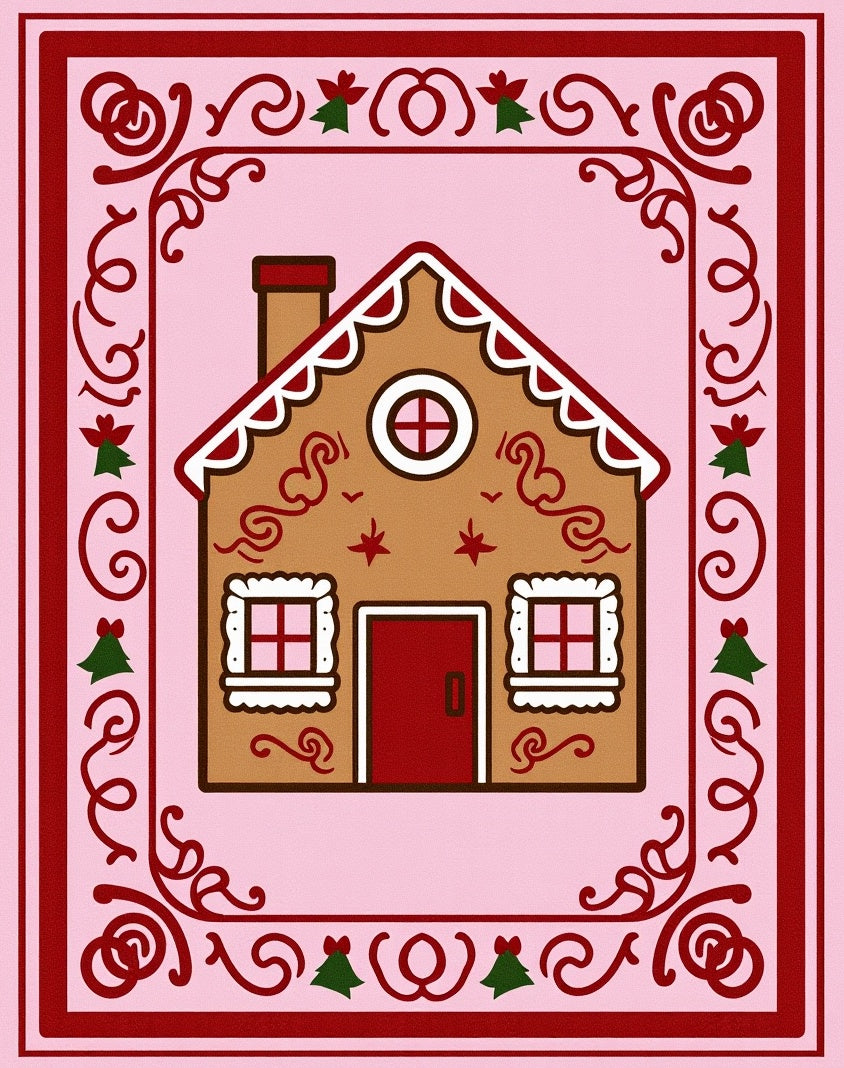 Pink Gingerbread House Festive Border Rug