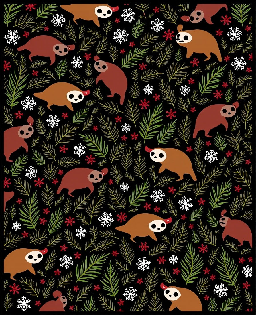 Whimsical Sloth Snowflakes Pine Branches Rug