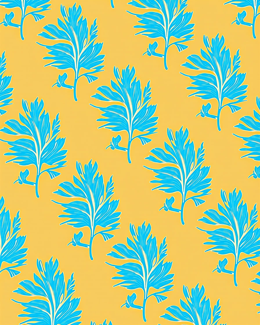 Vibrant Teal Feathered Foliage Yellow Background Rug