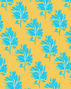 Vibrant Teal Feathered Foliage Yellow Background Rug