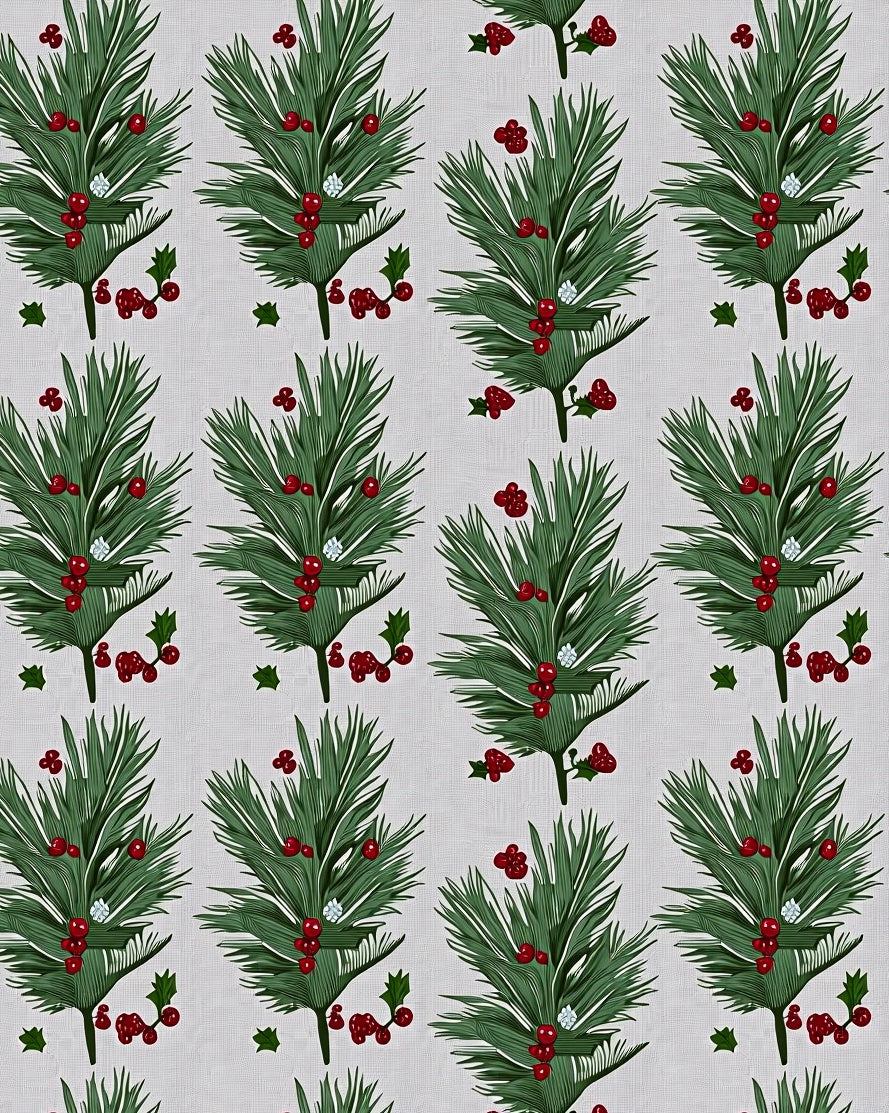 Green Pine Sprigs Red Berries Accents Rug