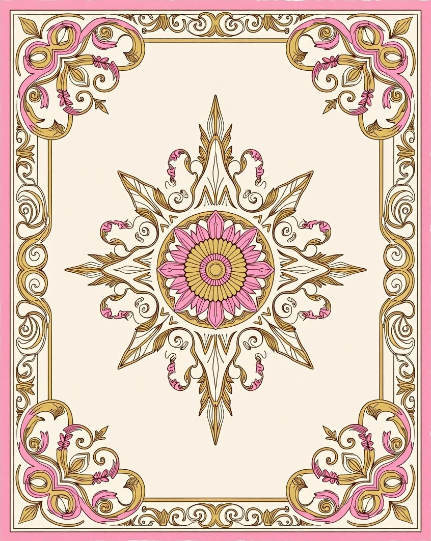 Pink Golden Floral Medallion Frame Rug