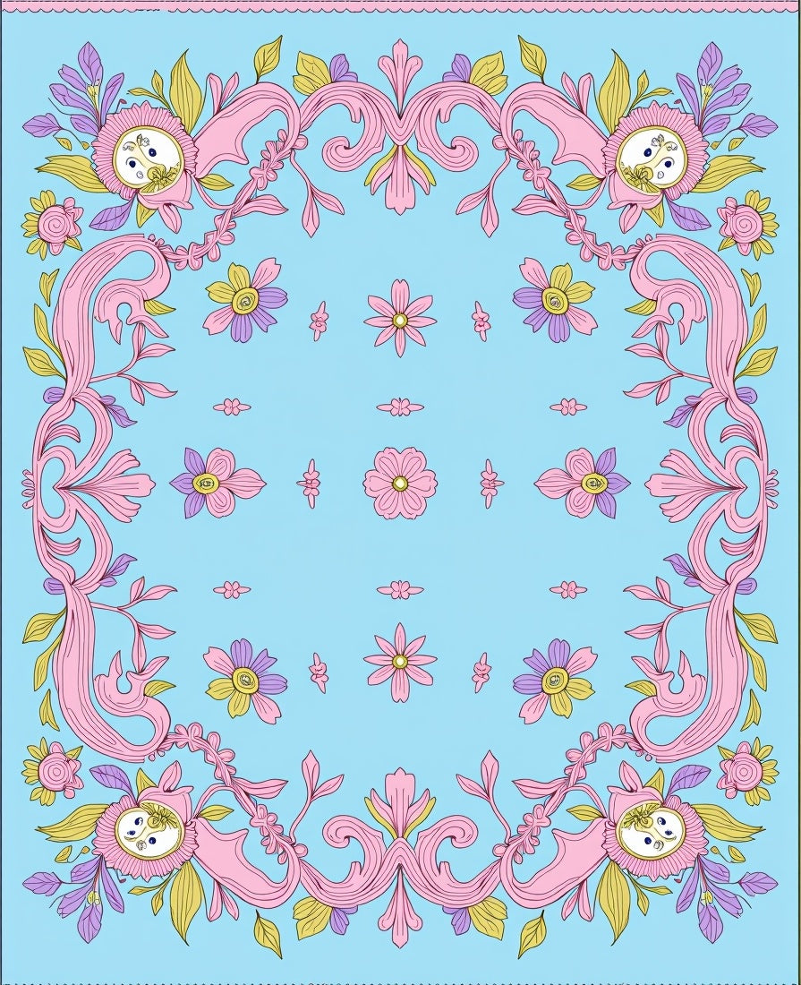 Whimsical Pink Floral Scrollwork Medallions Rug