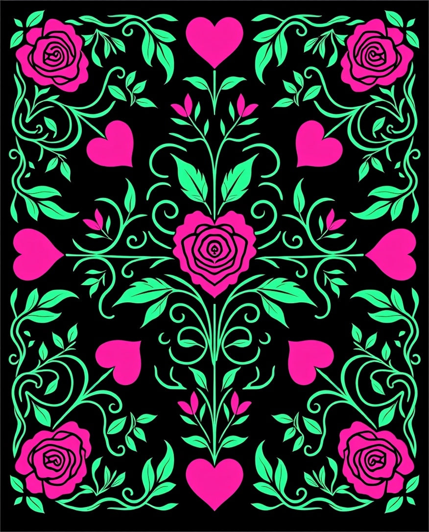 Pink Hearts Green Roses Black Background Rug