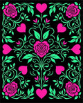 Pink Hearts Green Roses Black Background Rug