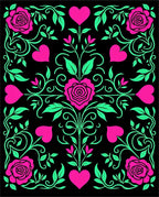 Pink Hearts Green Roses Black Background Rug