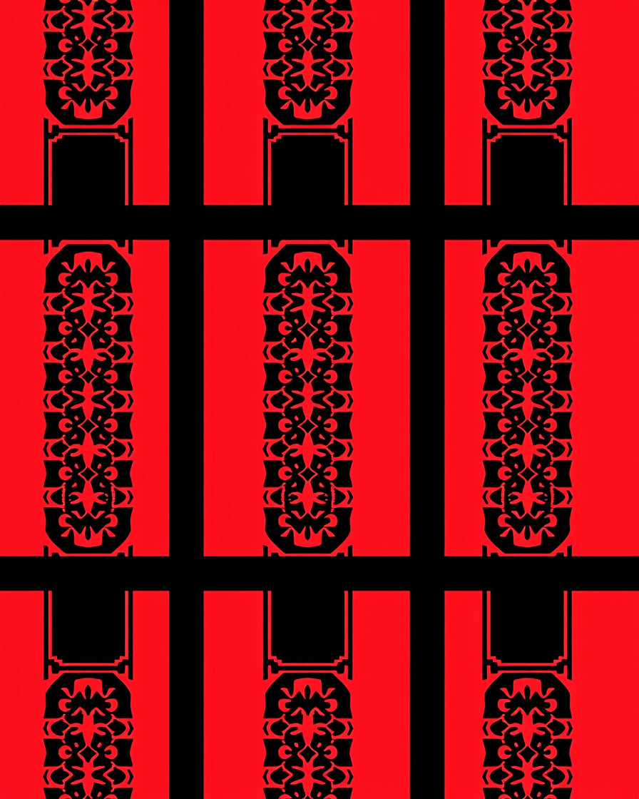 Crimson Red Geometric Lattice Panel Rug