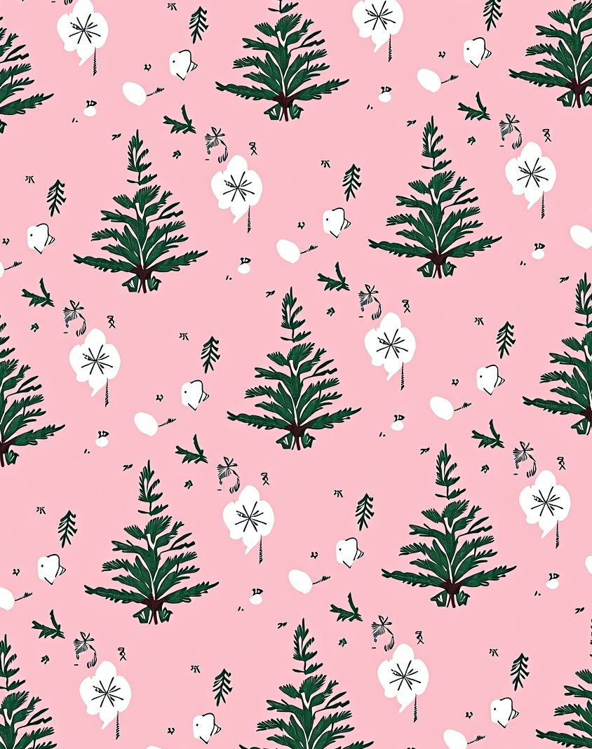 Evergreen Tree White Flower Pink Background Rug
