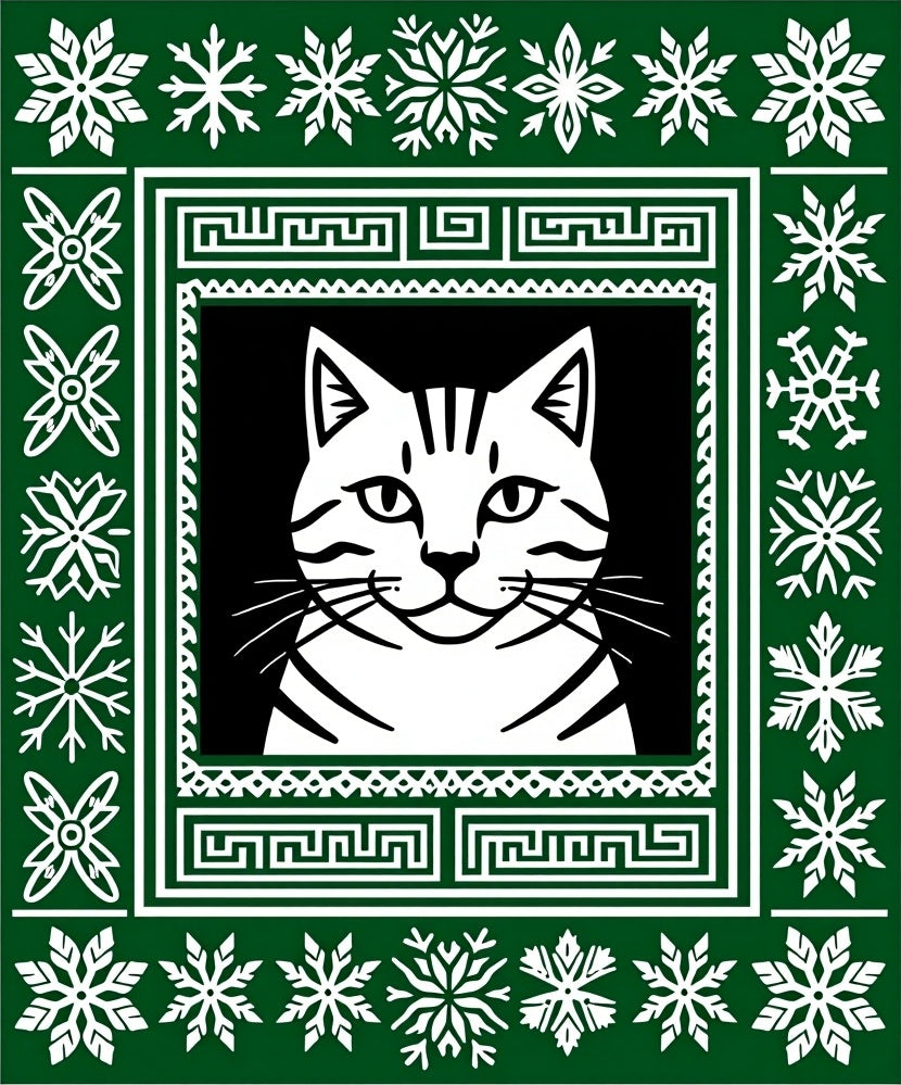 Green White Snowflakes Cat Portrait Rug