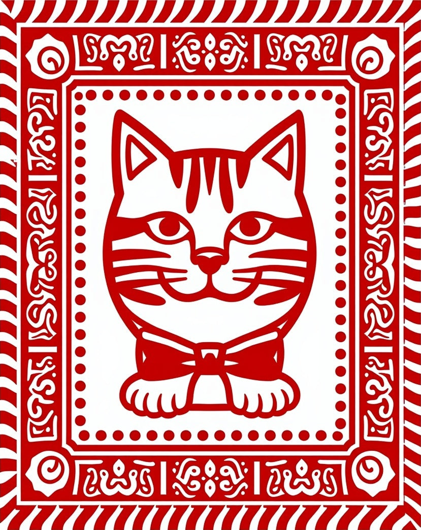 Red Cartoon Cat Bowtie Border Rug