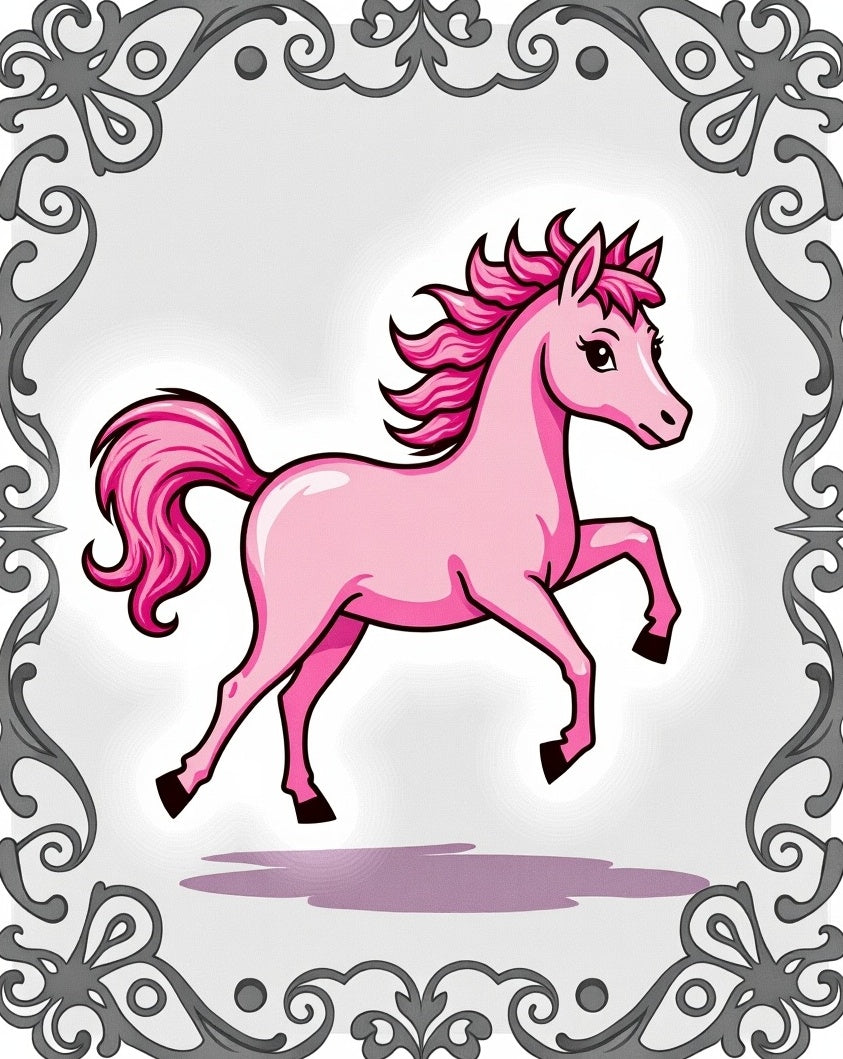 Playful Pink Horse Whimsical Border Rug