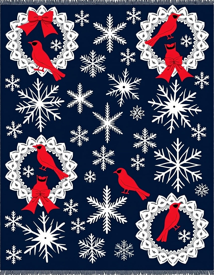 Red Cardinal Snowflake Wreath Navy Rug