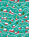Cozy Red Houses Snowflakes Teal Rug