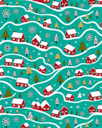 Cozy Red Houses Snowflakes Teal Rug
