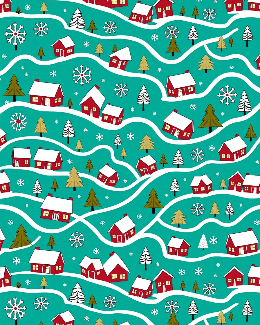 Cozy Red Houses Snowflakes Teal Rug