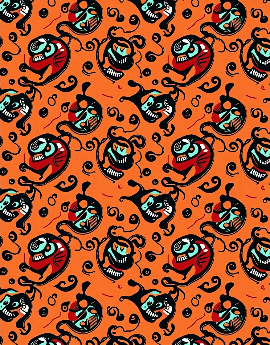 Bold Orange Red Black Character Swirl Rug